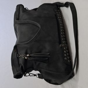 Rivet Nubuck Leather Studded Charcoal Gray Shoulder bag with tassels